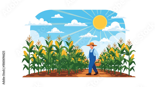 Modern vector illustration of corn plantation with tall crops and farmer walking between rows, rural farming and agriculture concept