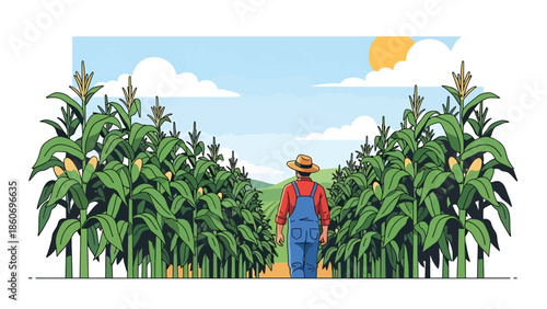 Modern vector illustration of corn plantation with tall crops and farmer walking between rows, rural farming and agriculture concept