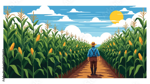 Modern vector illustration of corn plantation with tall crops and farmer walking between rows, rural farming and agriculture concept