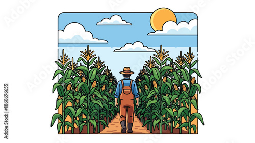 Modern vector illustration of corn plantation with tall crops and farmer walking between rows, rural farming and agriculture concept