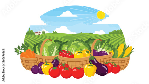 Modern vector illustration of organic vegetable farm with fresh produce baskets, healthy food and sustainable agriculture concept