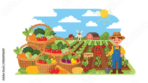 Modern vector illustration of organic vegetable farm with fresh produce baskets, healthy food and sustainable agriculture concept