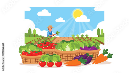 Modern vector illustration of organic vegetable farm with fresh produce baskets, healthy food and sustainable agriculture concept