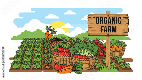 Modern vector illustration of organic vegetable farm with fresh produce baskets, healthy food and sustainable agriculture concept