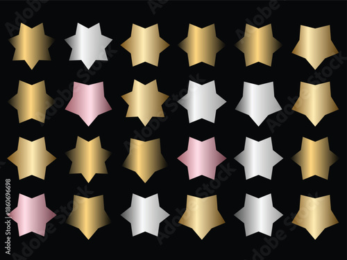 Colorful metallic star shapes collection in gold silver and rose gold tones