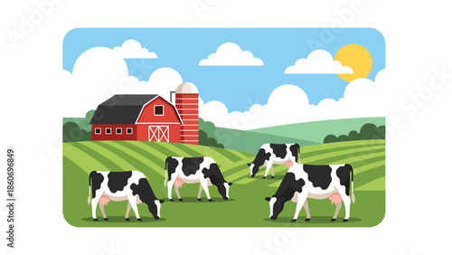 Modern vector illustration of dairy farm with cows and barn, livestock agriculture and milk production concept