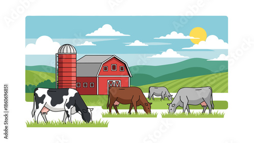 Modern vector illustration of dairy farm with cows and barn, livestock agriculture and milk production concept