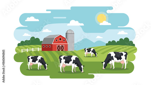 Modern vector illustration of dairy farm with cows and barn, livestock agriculture and milk production concept