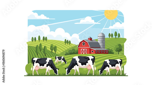 Modern vector illustration of dairy farm with cows and barn, livestock agriculture and milk production concept