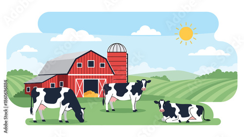 Modern vector illustration of dairy farm with cows and barn, livestock agriculture and milk production concept