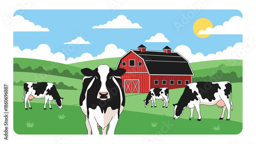 Modern vector illustration of dairy farm with cows and barn, livestock agriculture and milk production concept