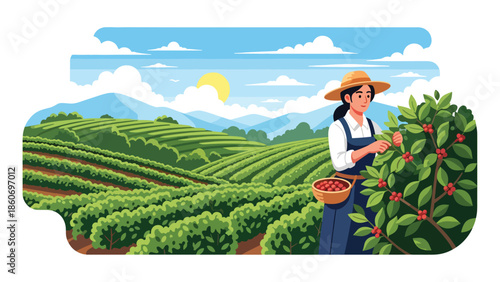 Modern vector illustration of coffee plantation on hillside with farmers harvesting beans, specialty crop and export agriculture concept