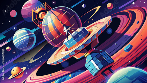 Very beautiful stylized vector of an advanced satellite system orbiting a planet, elegant lines and modern science fiction visual style.