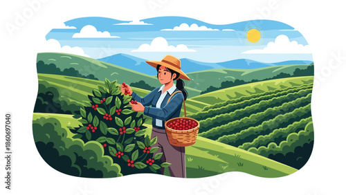 Modern vector illustration of coffee plantation on hillside with farmers harvesting beans, specialty crop and export agriculture concept