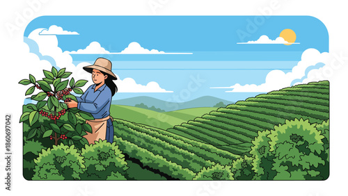 Modern vector illustration of coffee plantation on hillside with farmers harvesting beans, specialty crop and export agriculture concept