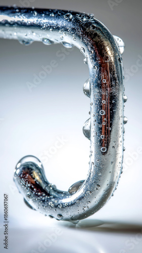Water droplets cling to a curved, metallic surface, showcasing a play of light and reflection in this sleek, minimalist composition.