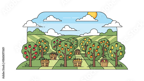 Modern vector illustration of fruit orchard with trees in rows and harvest baskets, agriculture and seasonal farming concept