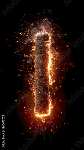 Fiery Column: A textured column engulfed in flames, sparks, and smoke against a stark black backdrop, creating a dynamic visual.