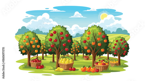 Modern vector illustration of fruit orchard with trees in rows and harvest baskets, agriculture and seasonal farming concept