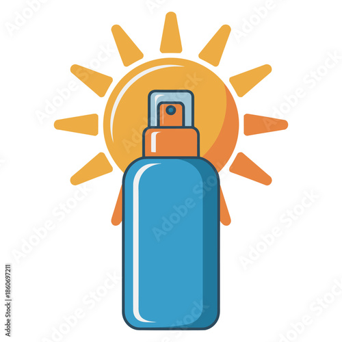 A sunscreen bottle stands in front of a radiant sun, symbolizing sun protection.