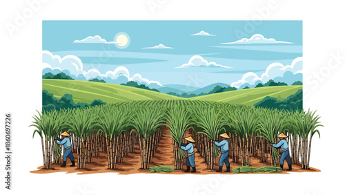 Modern vector illustration of sugarcane plantation with workers harvesting, plantation agriculture and rural economy concept