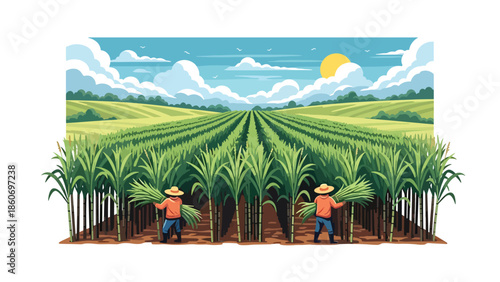 Modern vector illustration of sugarcane plantation with workers harvesting, plantation agriculture and rural economy concept