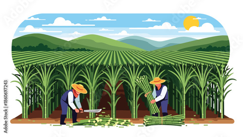 Modern vector illustration of sugarcane plantation with workers harvesting, plantation agriculture and rural economy concept