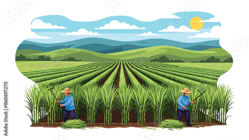 Modern vector illustration of sugarcane plantation with workers harvesting, plantation agriculture and rural economy concept
