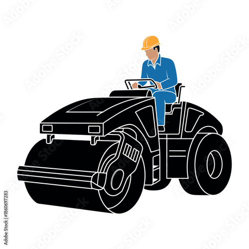 Construction worker operates a steamroller on a road construction site.