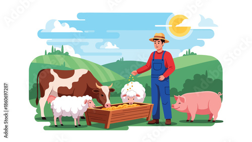 Modern vector illustration of farmer feeding livestock, animal husbandry and farm management concept