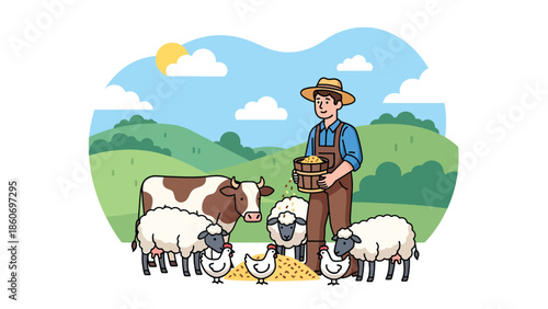 Modern vector illustration of farmer feeding livestock, animal husbandry and farm management concept