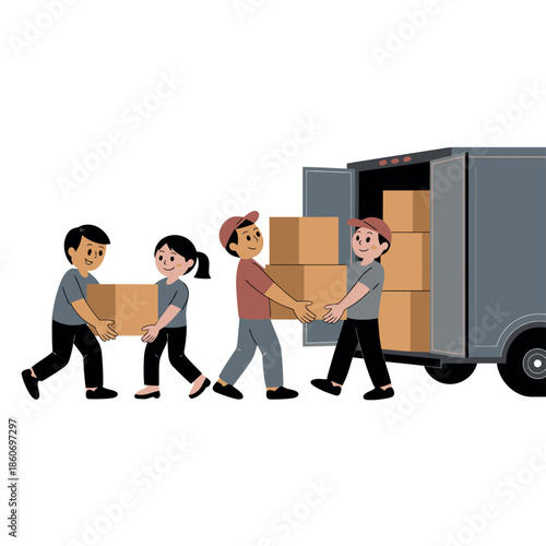 People are carrying boxes and loading them into a truck for moving.