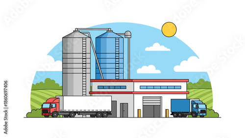 Modern vector illustration of farm storage silos with trucks, agricultural logistics and food supply chain concept