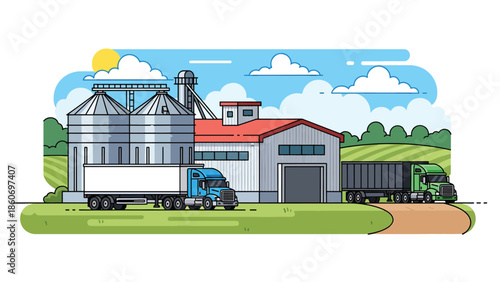 Modern vector illustration of farm storage silos with trucks, agricultural logistics and food supply chain concept