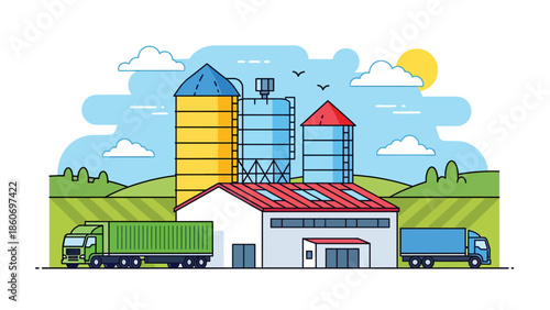 Modern vector illustration of farm storage silos with trucks, agricultural logistics and food supply chain concept