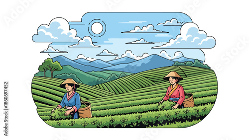 Modern vector illustration of tea plantation landscape with workers harvesting leaves, plantation agriculture and global trade concept