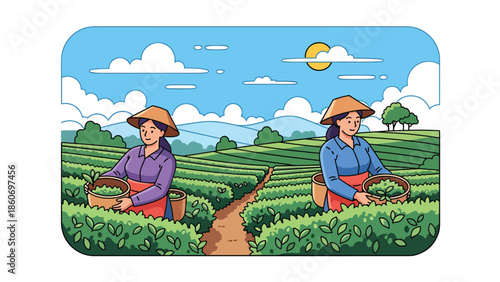 Modern vector illustration of tea plantation landscape with workers harvesting leaves, plantation agriculture and global trade concept