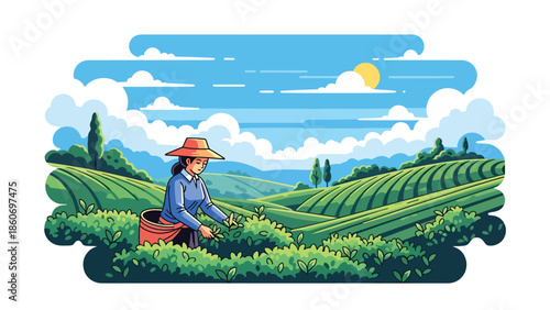 Modern vector illustration of tea plantation landscape with workers harvesting leaves, plantation agriculture and global trade concept