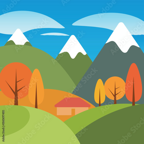 A quaint house sits nestled in a valley surrounded by rolling hills and autumn trees.