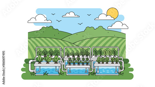 Modern vector illustration of hydroponic farming system with plants and water tanks, future agriculture and food innovation concept