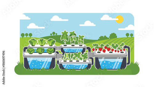 Modern vector illustration of hydroponic farming system with plants and water tanks, future agriculture and food innovation concept