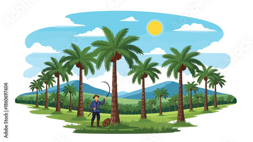Modern vector illustration of palm oil plantation with harvest activity, plantation agriculture and commodity production concept