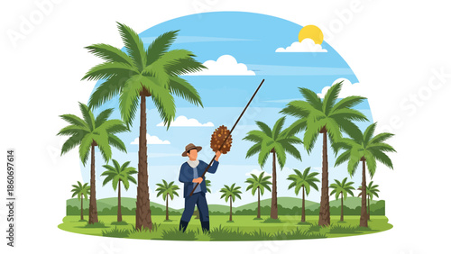 Modern vector illustration of palm oil plantation with harvest activity, plantation agriculture and commodity production concept