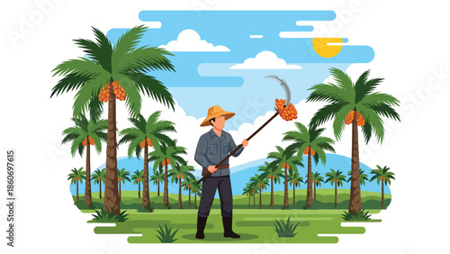 Modern vector illustration of palm oil plantation with harvest activity, plantation agriculture and commodity production concept