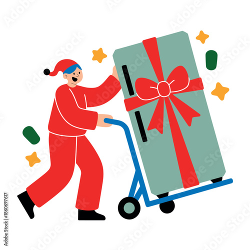 A person in a Santa hat delivers a large gift wrapped appliance on a hand truck.