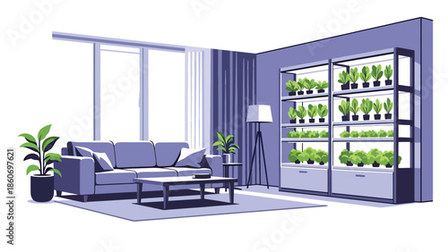 Modern vector illustration of vertical farming inside urban building, modern agriculture and smart city food production concept