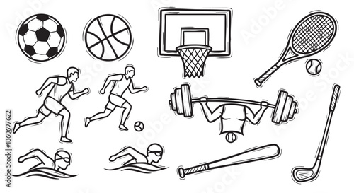 Hand Drawn Vector Illustration of Different Sports Activities and Equipment