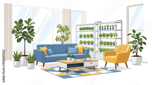 Modern vector illustration of vertical farming inside urban building, modern agriculture and smart city food production concept