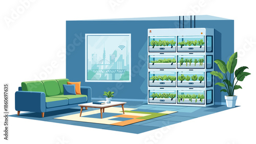 Modern vector illustration of vertical farming inside urban building, modern agriculture and smart city food production concept