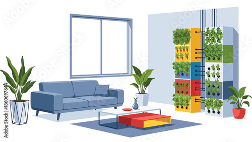Modern vector illustration of vertical farming inside urban building, modern agriculture and smart city food production concept